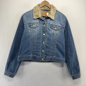 Vintage Levis Denim Jacket Women's Large MIS blue Fur Collar 77735-0361 Cropped